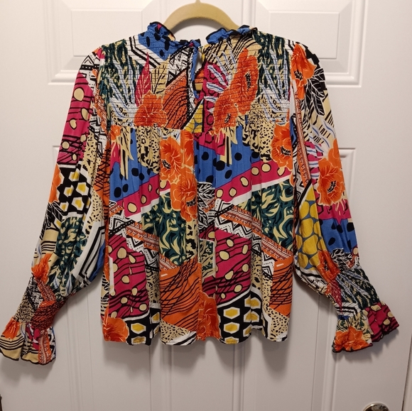 THML| Smocked Bodice Bishop Sleeve Mixed Print Blouse US Med. Colorful Boxy Boho - Picture 6 of 7